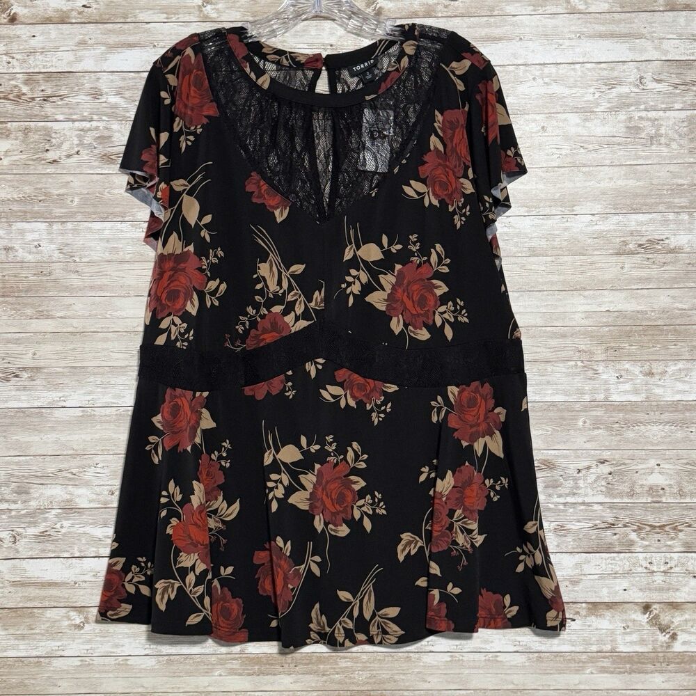 Torrid Black Floral Blouse Sheer Lace Neckline Ruffle Sleeves Sz 2X NWT